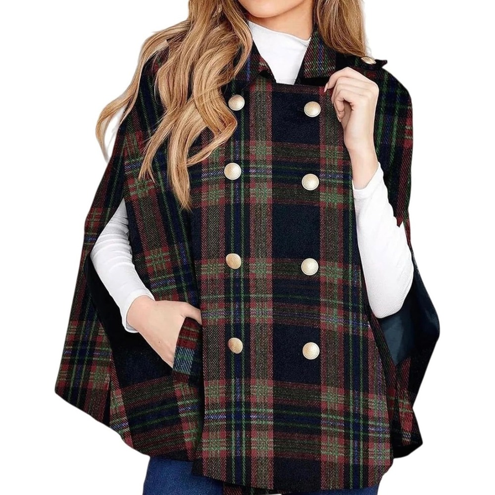 Womens Plaid Double Breasted Cape Jacket Gold Button Navy Red Green Outerwear